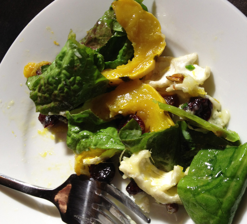 fall-salad-with-delicata-squash,-cranberries,-pumpkin-seeds-and-ginger-maple-dressing