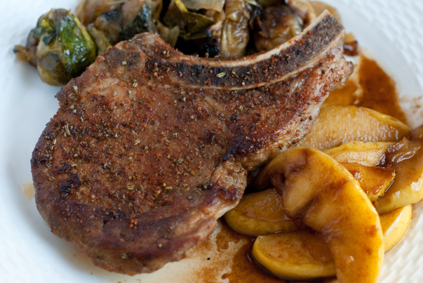 Rosemary-Cumin-Pan-Seared-Pork-Chop-with-cinnamon-apples-and-roasted-brussel-sprouts