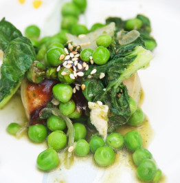 Fresh-peas,-basil-marinated-tofu,-and-sesame-seeds