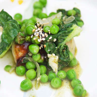 Fresh-peas,-basil-marinated-tofu,-and-sesame-seeds