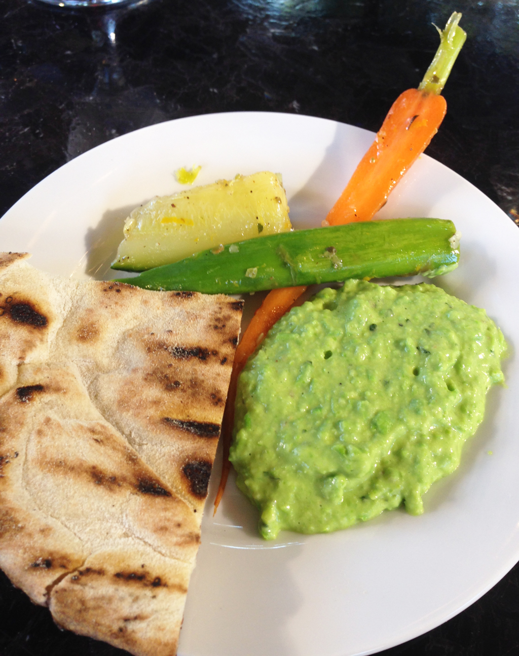 Spring-Pea-Hummus-with-Marinated-Vegetables,-Pita-and-Mint