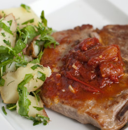 Smoked-Salt-Pork-Chop-with-tomato-jam,-arugula-potato-salad