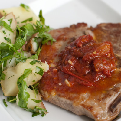 Smoked-Salt-Pork-Chop-with-tomato-jam,-arugula-potato-salad