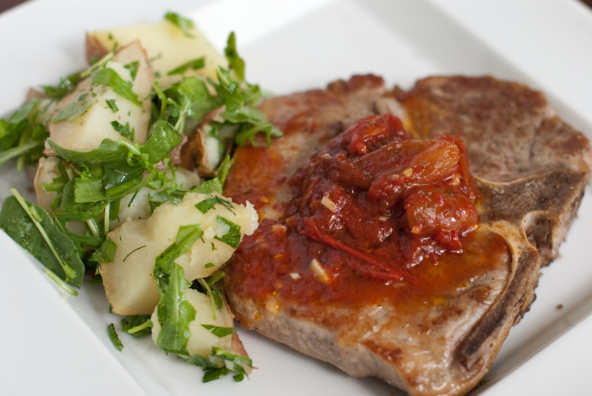 Smoked-Salt-Pork-Chop-with-tomato-jam,-arugula-potato-salad