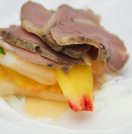 tea-smoked-duck-with-juice-melon-salad-and-ginger-yoghurt