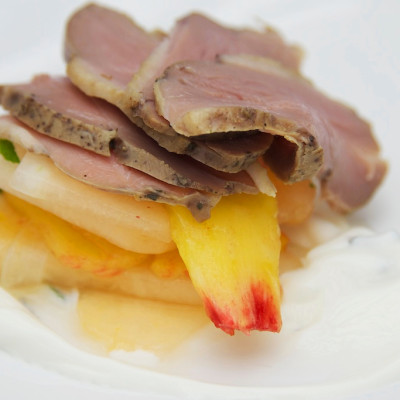 tea-smoked-duck-with-juice-melon-salad-and-ginger-yoghurt