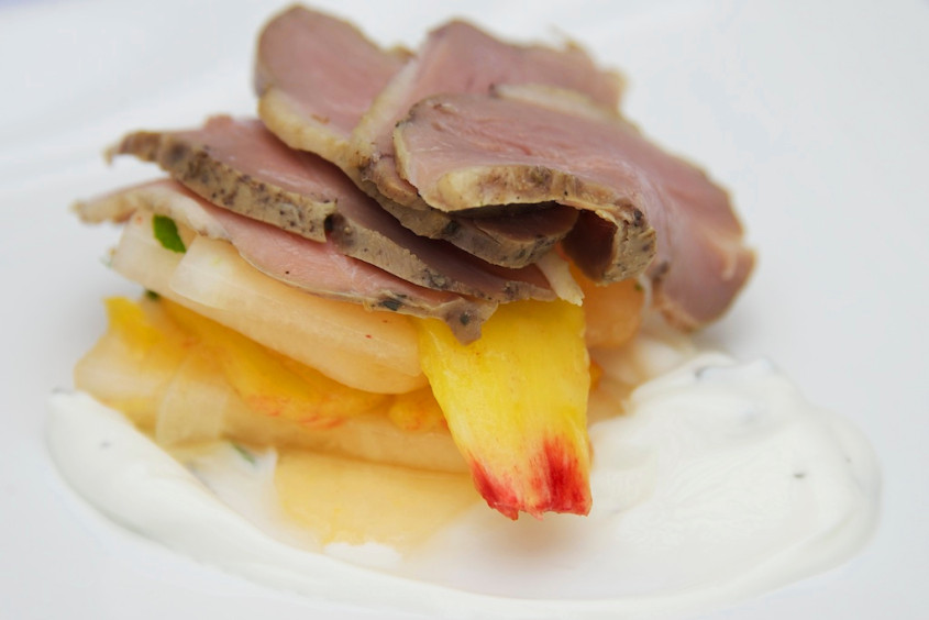 tea-smoked-duck-with-juice-melon-salad-and-ginger-yoghurt