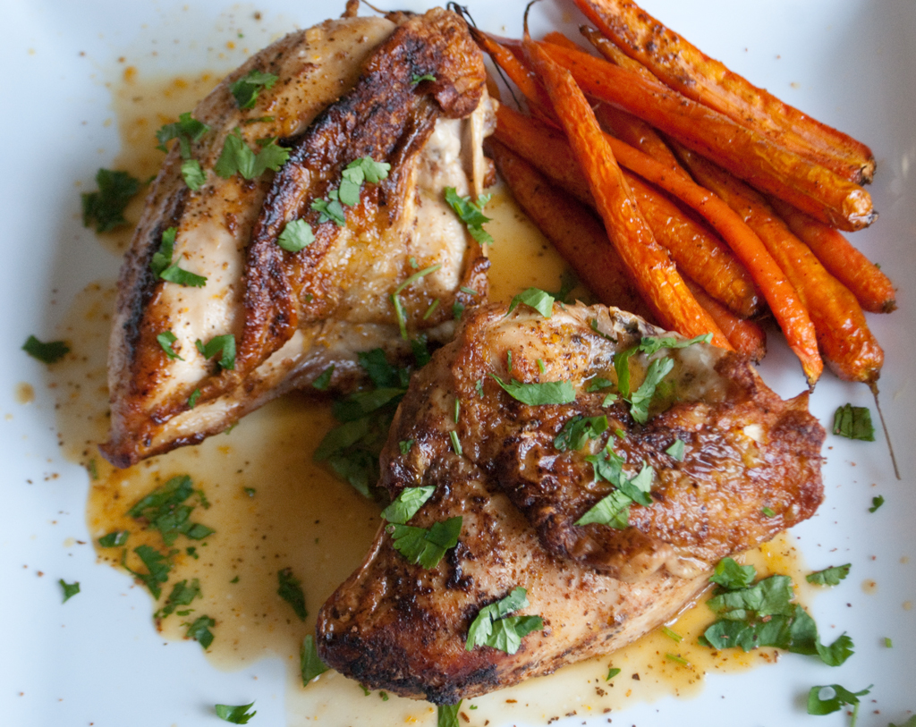 Baked-chicken-with-citrus-pan-sauce-and-Back-to-Organic-cumin-lime-maple-carrots