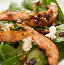 warm-cumin-lime-spiced-pears,-walnuts-and-cranberries-over-organic-spinach-and-creamy-goat-cheese