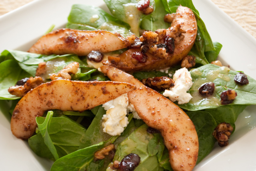 warm-cumin-lime-spiced-pears,-walnuts-and-cranberries-over-organic-spinach-and-creamy-goat-cheese